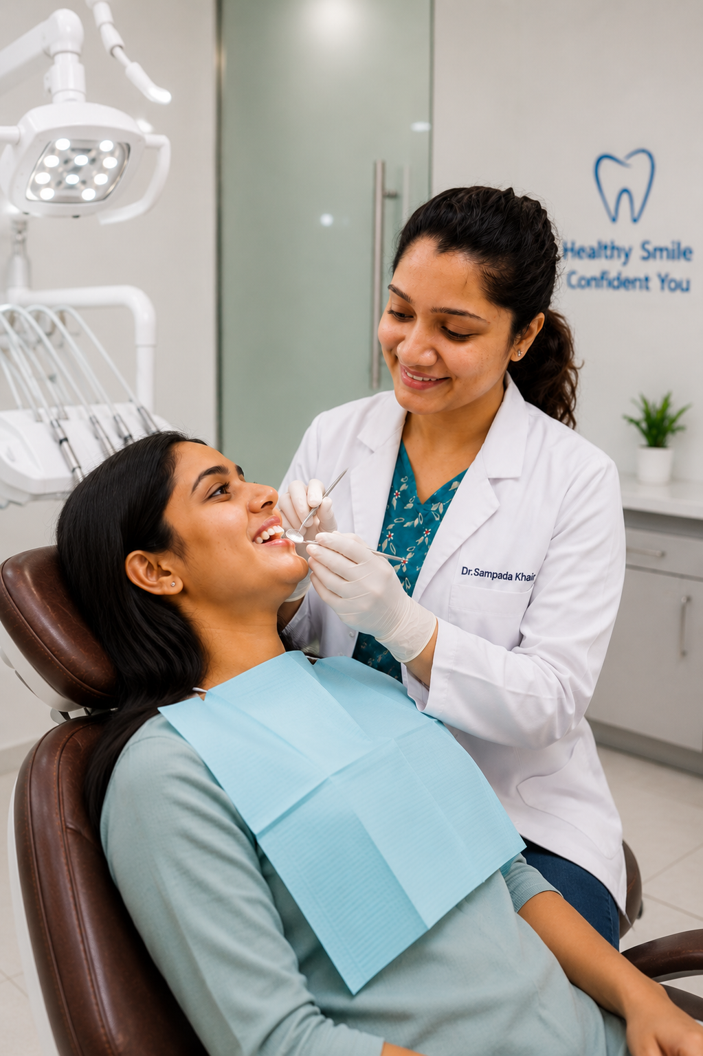 Dr. Sampada Khair with a patient in the treatment chair at Dr. Sampada's Dental Clinic, Airoli