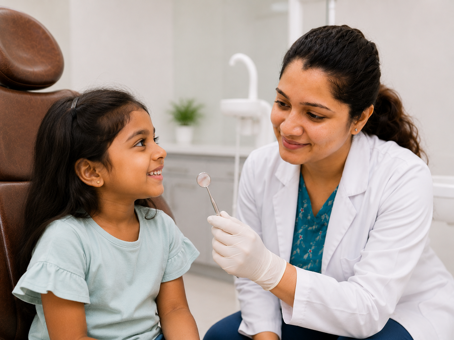 Child smiling in the dentist chair (placeholder — to be commissioned with parental consent).